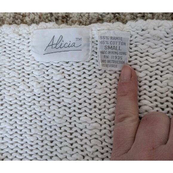 Vintage 80s Alicia Puff Sleeve Sweater Women Small Ivory Pastel Open Knit - Picture 6 of 7